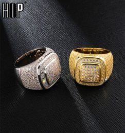 Hip Hop Iced Out Bling Full Cz Charm Tready Square Copper Zircon Anneau pour hommes Bijoux Gold Silver Silver 8112982832