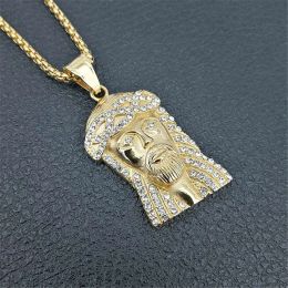 Hip Hop Iced Out Bling Jezus Hoofd Hanger Ketting Mannen 14k Geel Goud Gouden Kleur Jezus Stuk Kettingen Mannelijke katholieke Sieraden