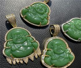 Hip Hop Cadena Rishing Laughing Buddha Green Jade Colgante Collar de oro Laboratorio plateado Diamantes simulados CZ Jewelry9453541