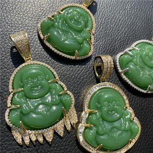 Hip Hop Glacé Chaîne Rire Bouddha Vert Jade Pendentif Collier Or Argent Plaqué Lab Diamants Simulés CZ Bijoux