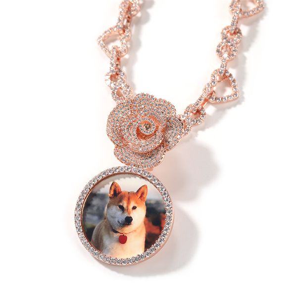 Hip Hop glacé Photo personnalisé pendentif collier cuivre Zircon rond bricolage Photo pendentif Rose bouton diamant bijoux