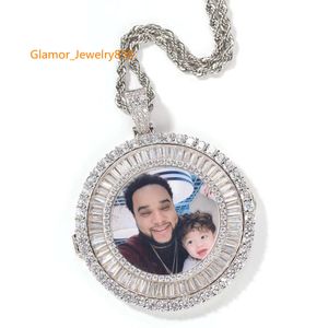 Hip Hop Iced Out Custom Picture hanger ketting met touwketen koper zirkoon ronde diamant aanpassen paar familie sieraden liefde cadeau