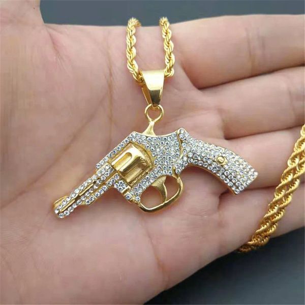 Hip Hop glacé CZ Bling Revolver pistolet pendentifs collier pour hommes 14k or jaune Hiphop rappeur bijoux colar