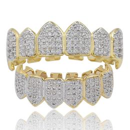 Hip Hop Iced Out CZ Mund Zähne Grillz Caps Oben Unten Grill Set Männer Frauen Vampire Grills306C