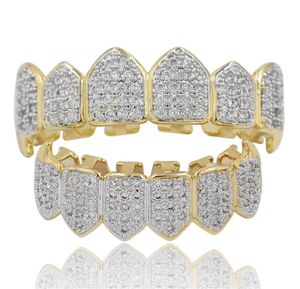 Hip Hop Iced Out CZ Mond Tanden Grillz Caps Top Bottom Grill Set Mannen Vrouwen Vampire Grills5666972