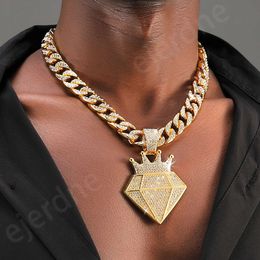 Hip Hop Iced Diamond Crown Pendant Necklace Men Women With 13mm Bling Cuban Gold Chain Fashion Cosplay Sieraden Gift