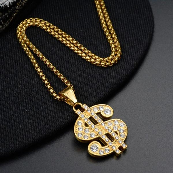 Collier avec pendentif en forme de Dollar glacé, style Hip Hop, pour femmes et hommes, chaînes en or jaune 14 carats, bijoux hip-hop américains