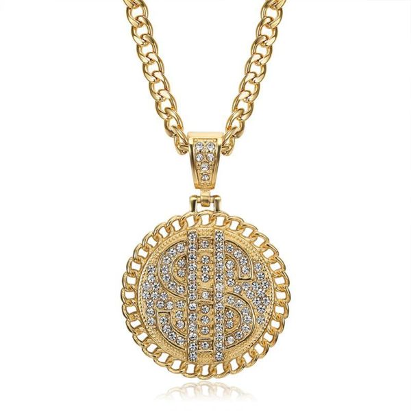 Hip Hop glacé Dollar signes pendentif mâle couleur dorée 14k or jaune chaîne cubaine collier pour hommes bijoux de haute qualité