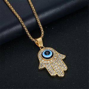 Hip Hop Iced Evil Eye Pendant Golden Color 14K Yellow Gold Hasma Hand van Fatima ketting voor vrouwen Men Sieraden Hoge kwaliteit