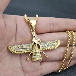 Collier avec pendentif Hip Hop glacé Faravahar Ahura, couleur dorée, or jaune 14 carats, pendentif zoroastrien, bijoux iraniens