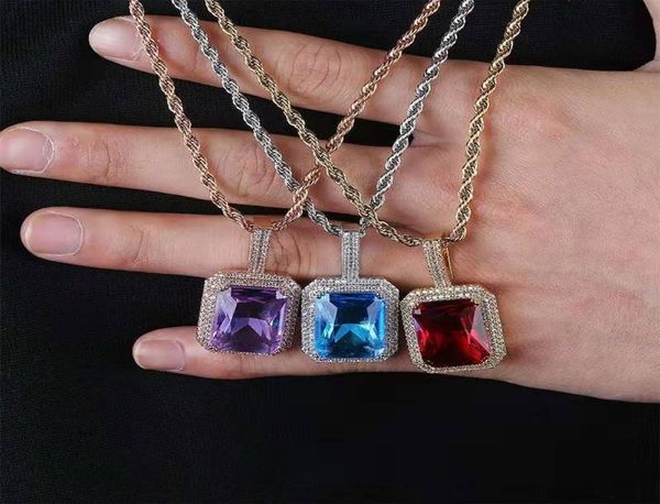 Hip Hop Iced Out Gemstone Pendant Colliers For Men Women Women Luxury Designer Colorful Gem Bling Diamond Pendant Ruby Purple Blue Blac5579309