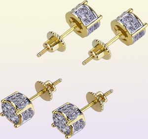 Hip Hop Iced Gold 3D Round Side CZ Simuleerde Copper Lab Diamond Screw Back Stud Earring sieraden voor mannen en vrouwen6187996