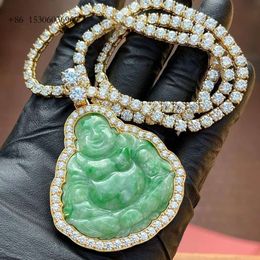 Hip Hop Iced Green Jade 10K 14K Gold Lab Diamonds Boeddha hanger ketting
