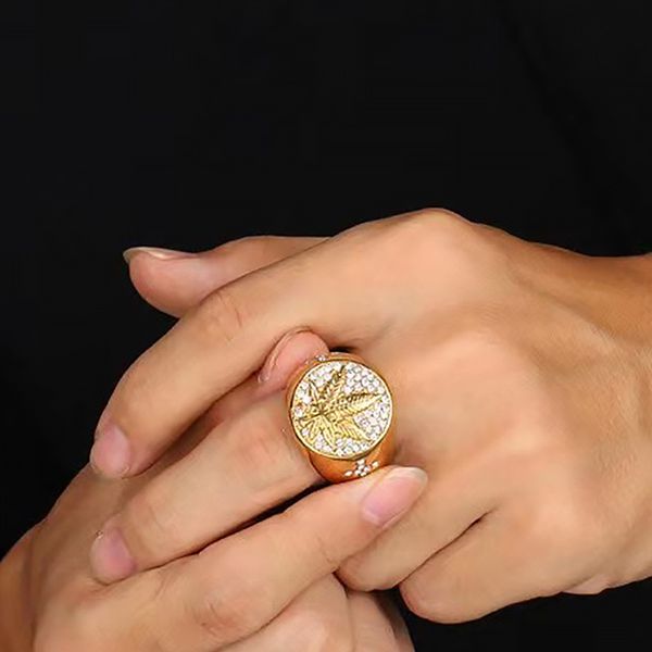 Anillo de hoja de cáñamo helado de Hip Hop, anillos de circonia cúbica de oro amarillo de 14k de Color dorado para hombre, regalo de joyería Hippie