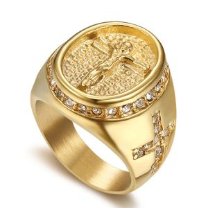 Hip Hop Iced Out Jesus Cross Ring 14k Geel Gouden Ringen voor Mannen Religieuze Sieraden Bague Homme