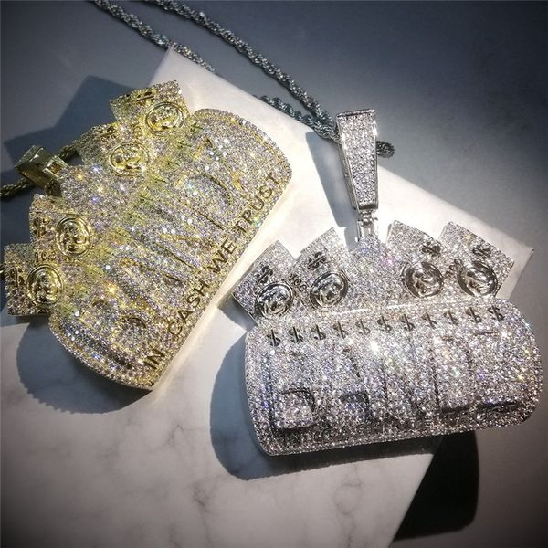Hip Hop Iced Out Letters IN CASH WE TRUST Pendentif Collier Pour Hommes Femmes Micro Pave Zircon Colliers