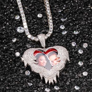 Hip Hop Iced Out Love Shape Flip Custom Photo Hanger Personality Creativiteit DIY Ketting met touwketting