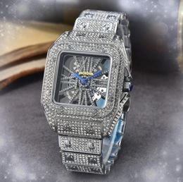 Hip Hop Iced Out Men Skey Starry Hollow Skeleton Dial Montre Carré Diamants Lunette Quartz Hommes Or Argent Bracelet En Acier Inoxydable Bracelet Date Automatique Super Montres Cadeaux