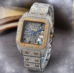 Hip Hop Iced Out Men Skey Starry Hollow Skeleton Dial Montre Carré Diamants Bague Quartz Hommes Or Argent Bracelet En Acier Inoxydable Bracelet Montres Montre De Luxe Cadeaux