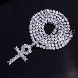 Hip Hop glacé Moissanite Ankh chaîne de Tennis 925 en argent Sterling classique Cz 18K Ankh croix bijoux collier pendentif