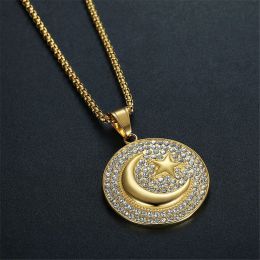 Collier avec pendentif en forme de croissant de lune et d'étoile musulman, style Hip Hop glacé, pour hommes et femmes, bijoux islamiques en or jaune 14 carats