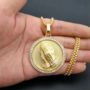 Hip Hop – colliers avec pendentif mains de prière glacées pour femmes et hommes, couleur dorée, bijoux ronds en or jaune 14 carats