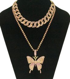 Hip Hop Iced Out Rimestone Big Butterfly Pendant Collier Collier Cuban Set for Women Statment Bling Crystal Animal Choker Jewelry7436683