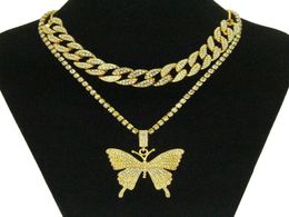 Hip Hop Iced Out Rimestone Big Butterfly Pendant Collier Collier Coubain Set for Women Statment Bling Crystal Animal Choker Jewelry2575842