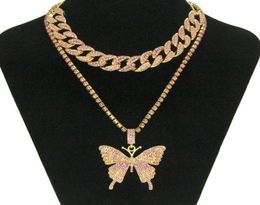 Hip Hop Iced Out Rimestone Big Butterfly Pendant Collier Collier Coubain Set for Women Statment Bling Crystal Animal Choker Jewelry8350458