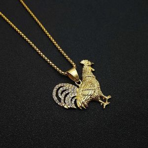 Hip Hop – chaînes à pendentif coq glacé pour hommes, couleur or, colliers en acier inoxydable avec animaux, bijoux scintillants, Drop276e