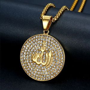 Hip Hop Iced Out Ronde Allah Hanger Ketting 14k Geel Goud Islam Moslim Arabisch Gouden Gebed Sieraden