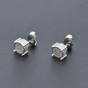 Hip Hop Iced Out Silver Lab Diamond Screw Back Stud Earring 3d Ronde Kant CZ Gesimuleerde Jewelry239Y