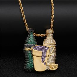 Hip Hop glacé Sprite bouteille violet tasse Combo pendentif collier or argent couleur cubique Zircon bijoux pour hommes245H
