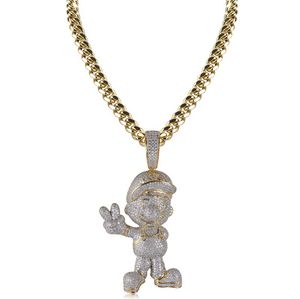 HIP HOP ICED OUT ZIRCON Messing Two Tone Stripfiguur Hanger Ketting Voor Mannen Dames Bling Sieraden Gift