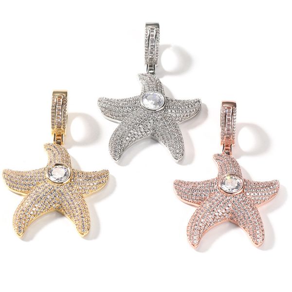 Hip Hop Iced Out Zircon Diamond Starfish Colgante con cadena de cuerda Collar con colgante de pentagrama chapado en oro y plata para hombres y mujeres