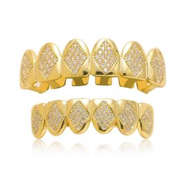 Hip Hop Iced Out Zircon Rhombic Tooth Grillz for Men Body Piercing Bijoux Christmas Gold Dentans Grils 8/8 Bottom top Cap Set 240430