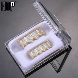 Hip Hop Iced Teeth Caps Cubic Zircon Micro Pave Top Bottom Charm Grills Set pour Hommes Femmes Boîte à Bijoux Pack Cadeau 230726