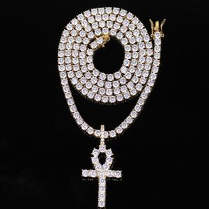 Hip Hop – pendentif croix Ankh en Zircon glacé pour hommes, ensemble de colliers avec chaîne de Tennis de 4mm, Micro pavé de pierres CZ, bijoux 316H