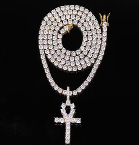 Pendante Hip Hop Iced Zircon Ankh avec collier de chaîne de tennis 4 mm Micro Pave CZ Stones Men Bielry3573148