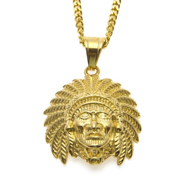 Collier pendentif en forme de tête indienne Hip Hop, plaqué or, bijoux à breloques Toutankhamon pour hommes et femmes, avec chaîne cubaine de 24 pouces, 244c