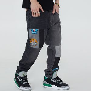 Jean Hip Hop couleur assortie épissé délavé, pantalon en Denim rétro pour hommes, Style Harajuku Vibe, pantalon Baggy surdimensionné déchiré, Streetwear