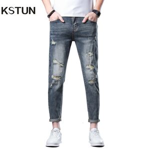 Jeans hip hop pour hommes bleu foncé extensible skinny longueur pantalon en jean déchiré homme d'été patchwork effiloché cowboys 240417