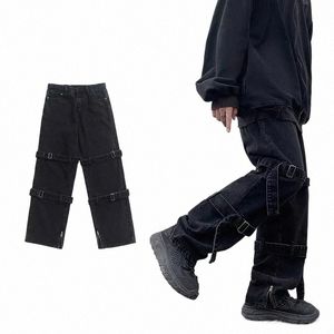 Hip Hop Jeans Hommes Fi Poche Bleu / Noir Baggy Jeans Hommes Streetwear Lâche Hip Hop Droite Cargo Denim Pantalon Hommes Pantalons J4XQ #