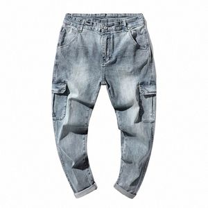 Hip Hop Jeans Hommes Sarouel Bleu Clair Stretch Loose Fit Printemps et Été Multi Poches Designer Pantalon Homme Surdimensionné Pantalon Z4Hp #