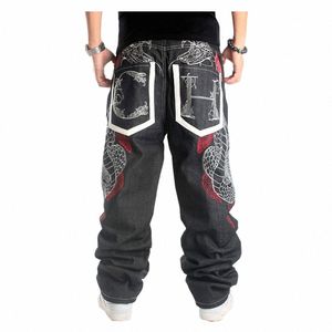 Pantalones vaqueros de hip hop streetwear masculino más tamaño pantalones de mezclilla holgados sueltos bordado de serpiente pantalones rectos lg para hombres c2nF #