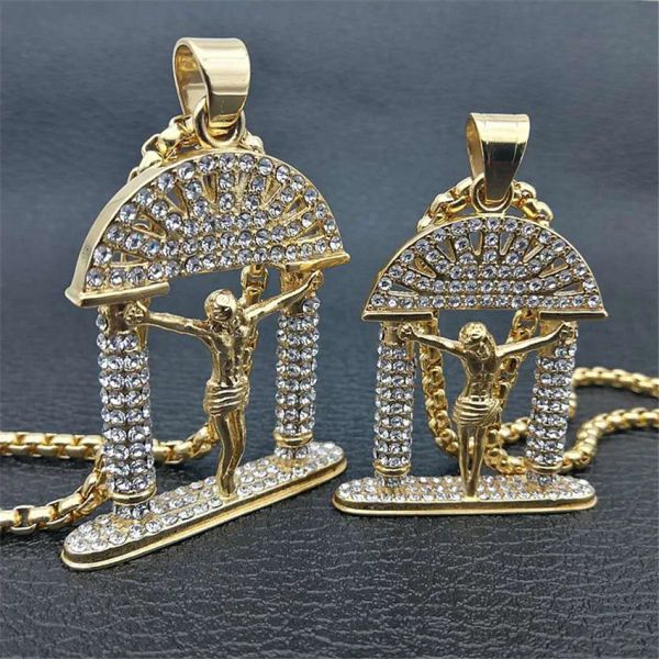 Hip Hop jésus Christ croix pendentif collier glacé Bling 14k or jaune Crucifix collier mâle chrétien bijoux