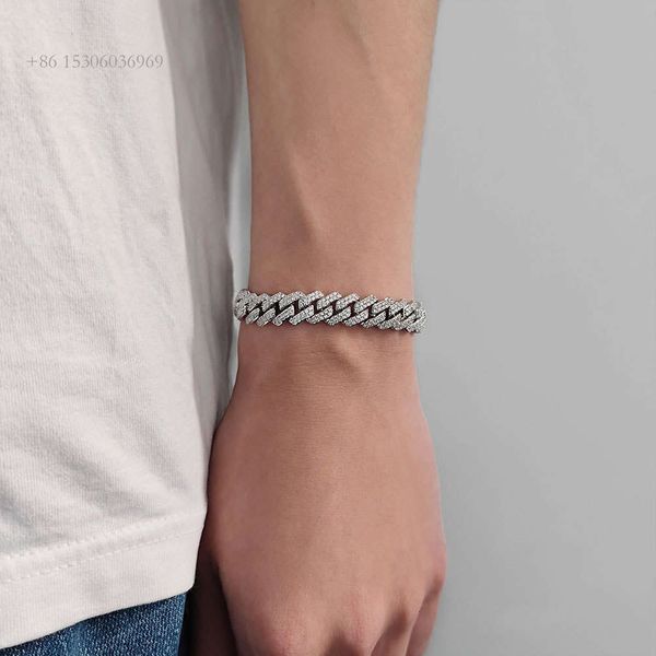 Joyería de Hip Hop 10Mm Totalmente VVS Moissanite Diamond Sier Pulsera de hombre Cadena de eslabones cubanos helados