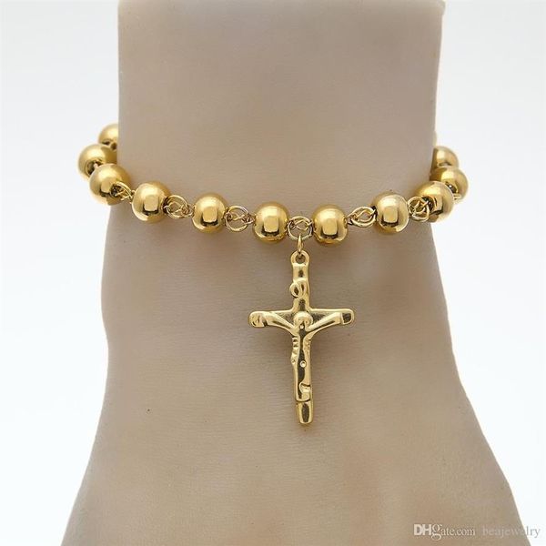 Joyería de Hip Hop Pulsera de cuentas de rosario chapada en oro de 14 quilates Cruz de acero inoxidable con dijes de Jesús Cadena de eslabones colgante Religión Mujer Pu334G