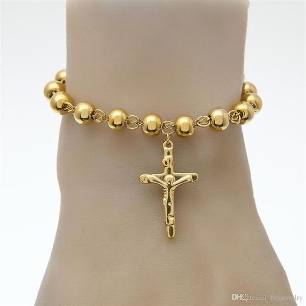 Hip Hop Bijoux 14K Plaqué Or Chapelet Perle Bracelet Croix En Acier Inoxydable Avec Jésus Charms Pendentif Lien Chaîne Religion Femme Pu257x