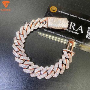 Hip Hop -sieraden 14 mm Rose Gold Moissanite Hip Hop Bracelet 925 Sterling Silver Iced Out Miami Cuban Link Chain for Men